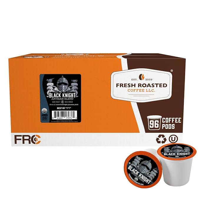 Fresh Roasted Coffee, Organic Black Knight | USDA Organic, Kosher | Dark Roast 96 Pods for K Cup Brewers