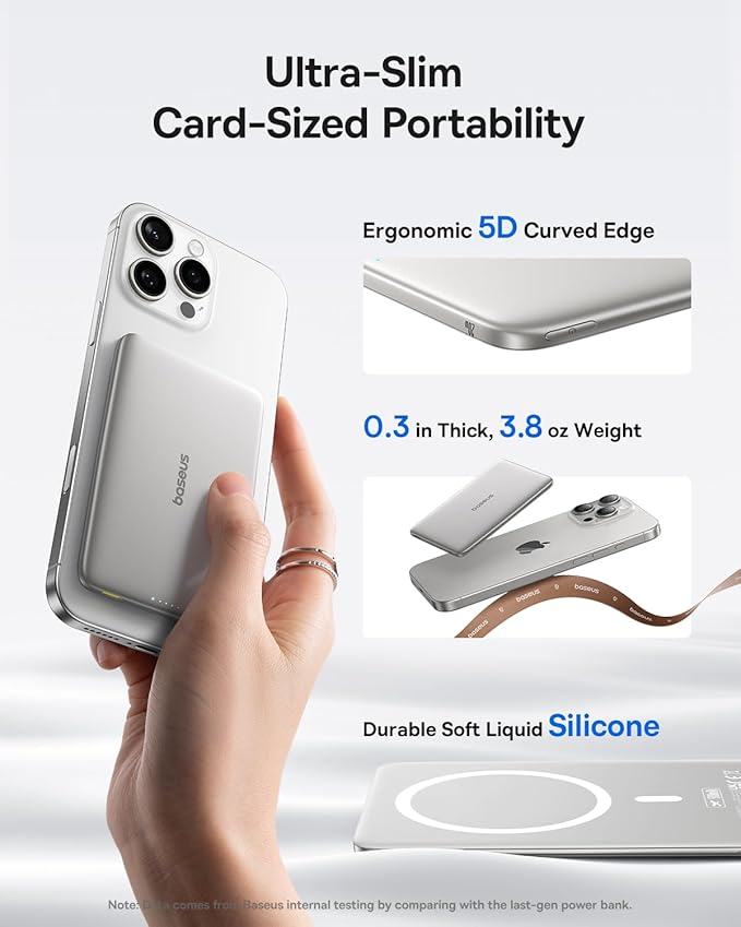 Baseus Picogo Power Bank, 0.3" Ultra Slim 5000mAh MagSafe Portable Charger with USB-C Braided Cable, Card-Size Magnetic Battery Pack, Alloy Wireless Fast Charger for iPhone 16/15/14/13/12, Lightweight
