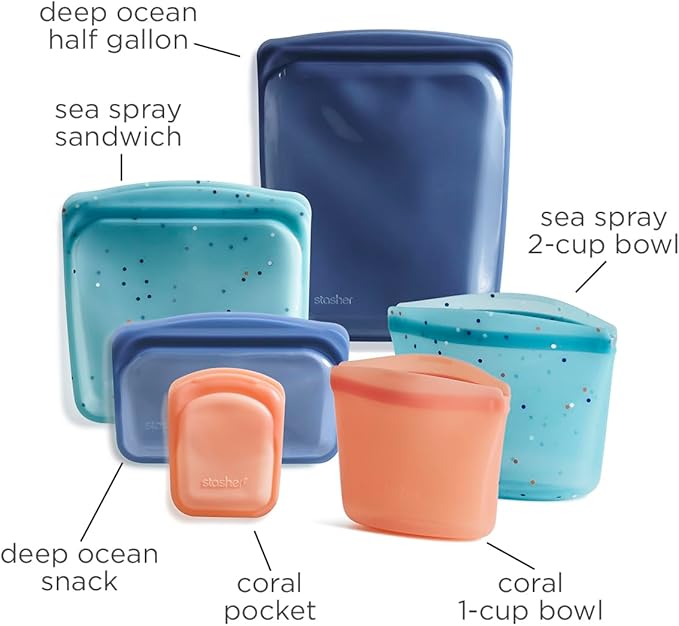 Stasher Premium Silicone Reusable Food Storage Bags, 6-Pack, Starter Kit, Sea Spray, Multi-Use Food Storage Bags, Lunch Bag, Travel Containers, BPA Free, Leak-free, Dishwasher-Safe, Eco-friendly