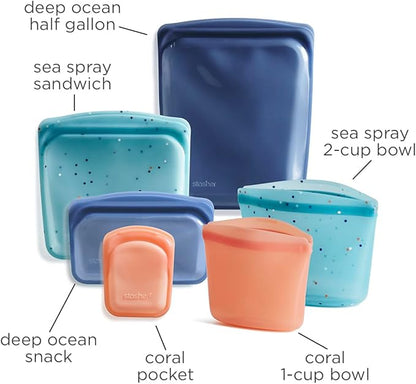Stasher Premium Silicone Reusable Food Storage Bags, 6-Pack, Starter Kit, Sea Spray, Multi-Use Food Storage Bags, Lunch Bag, Travel Containers, BPA Free, Leak-free, Dishwasher-Safe, Eco-friendly