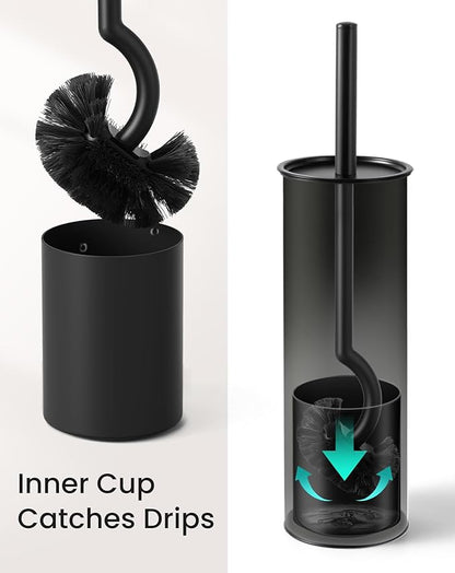 Cesun Toilet Brush and Holder Set - Curved Design Toilet Brush for Deep Cleaning Under Rim, 304 Stainless Steel Toilet Bowl Brush and Holder for Bathroom, Rv, Black(2 Replaceable Brush Head Included)