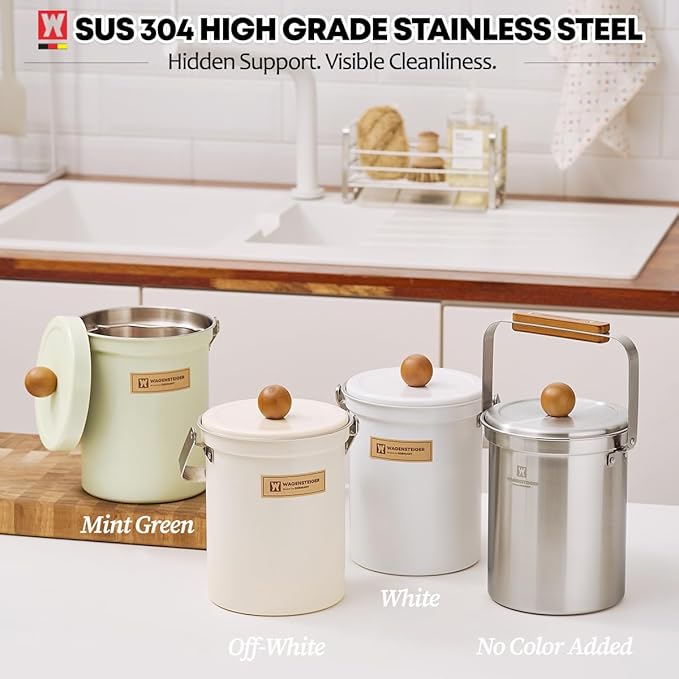 Kitchen Countertop Compost Bin 101ounces / 3Liters with Airtight Lid, SUS304 Stainless Steel Odor-Free Food Waste Bin with Wooden Handle Stylish Design/Bathroom Trash Can (Silver)