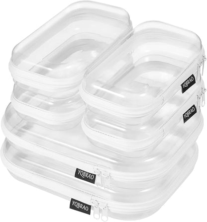 6 Pack Clear Hard Shell Zipper Case (4 Small & 2 Medium), Hard Plastic Organizer Pouches for Travel, Small Items, Makeup, Electronics & Art Supplies - Crush-Resistant & Waterproof Storage