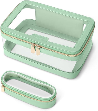 Travel Clear Makeup Bag with Makeup Brush Bag, Leather Makeup Case Toiletry Bag, Portable Cosmetic Bag Case, Transparent Waterproof Cosmetic Organizer Storage Bag for Women, Mint Green