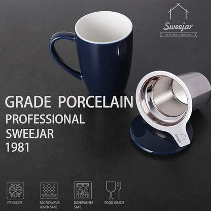 Sweejar Porcelain Tea Infuser Cup with Lid, 16 oz Tea Cup with Strainers for Loose Leaf Tea, Microwave and Dishwasher Safe Coffee Mug, Tea Steeping Mug for Tea Drinkers,Christmas Gift (Navy)