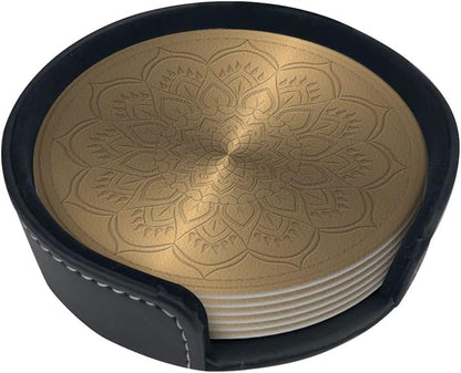 Drink Coasters with Holder Stand Set of 6, Mandala Rosette Engraving Pu Leather