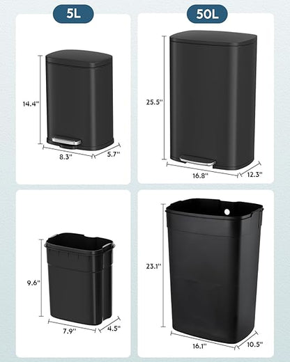 Arlopu 13.2+1.3 Gallon Step Trash Can, Stainless Steel Garbage Bin, Soft-Close Rubbish Bin with Removable Plastic Inner Bucket, Fingerprint-Proof, Lid Dustbin, for Kitchen Home (Black)