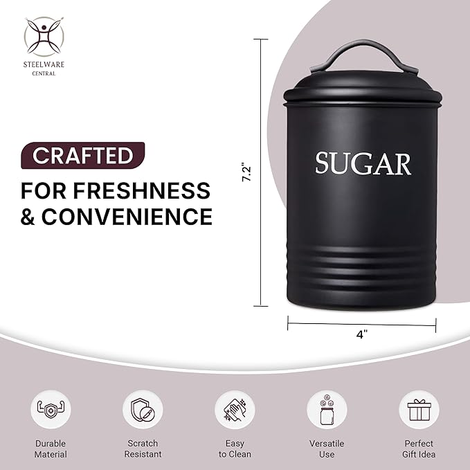 Kitchen Canister Set of 3 Sugar Coffee Tea with lids Food Storage, Black