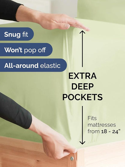 Extra Deep Pocket Queen Sheet Set - 4 Piece Breathable & Cooling Bed Sheets - Hotel Luxury Sheet Set - Soft, Wrinkle Free and Comfy - Fits Extra Deep Mattresses - Deep Pocket Light Sage Green Sheets