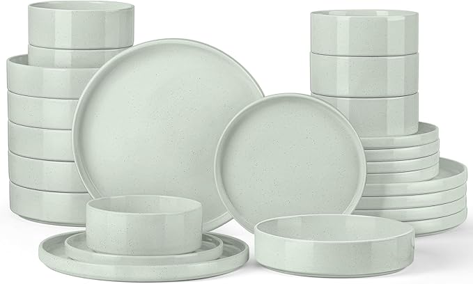 Onader Stoneware Dinnerware Sets for 6 with Double Bowl, 24 Piece Plates and Bowls Dish Dinner Set, Speckled Kitchen Dishware Tableware – Pale Sage Green