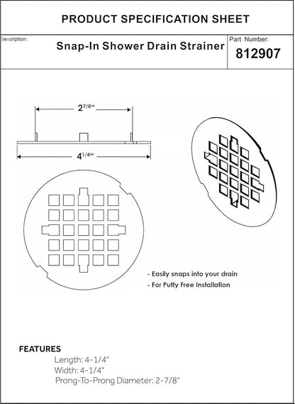 Artiwell 4-1/4” OD Snap-in Shower Drain Cover, Round Shower Drain Strainer Grid, Replacement Cover, Designed for Long-Lasting