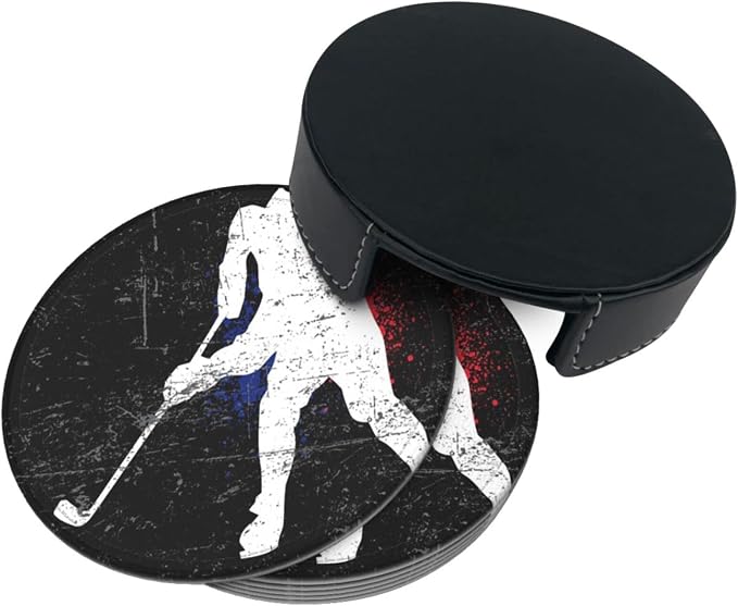 6 Pcs Vintage Ice Hockey Player Leather Coasters