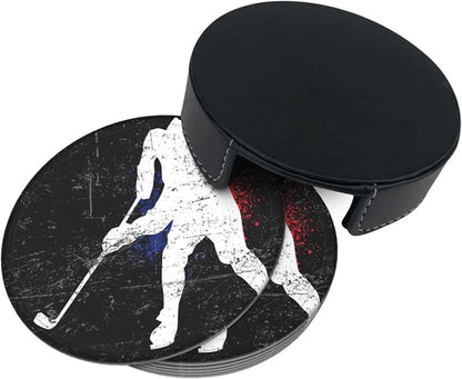 6 Pcs Vintage Ice Hockey Player Leather Coasters