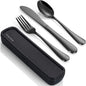 Travel Utensils with Case, 4-Piece Stainless Steel Portable Cutlery Set, Reinforced Case with Buckle Design, Lunch Box for Camping Work School, Include Fork Spoon Knife, Dishwasher Safe, Black
