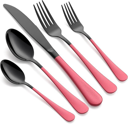 20-Piece Black Silverware Set 18/0 Stainless Steel Silverware Set Pink Handle Cutlery Set Service for 4 Dinner Knives Forks Spoons Set Flatware Set Finish Dishwasher Safe（Black and Pink）
