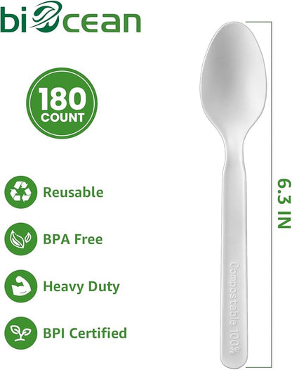100% Compostable Spoons 180 Count Disposable Spoons Utensils Set Heavy Duty Spoons Silverware Eco Friendly Flatware for Party Camping Picnics Wedding-Ivory White