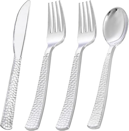 KIRE 400PCS Silver Plastic Silverware - Disposable Silverware, Heavy Duty Plastic Silverware Set Include 200 Silver Forks,100 Silver Knives,100 Silver Spoons for Party,Wedding for Christmas