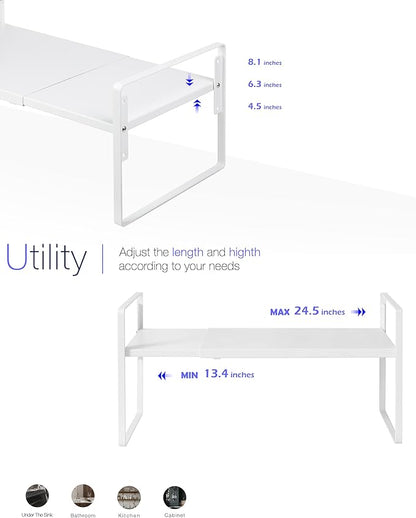 Nxconsu Cabinet Shelf Expandable Height Adjustable Shelf Organizer Riser for Kitchen Cabinet Pantry Cupboard Under Sink Countertop Organization Storage Space Saver Stackable Heavy Duty Metal White XXL