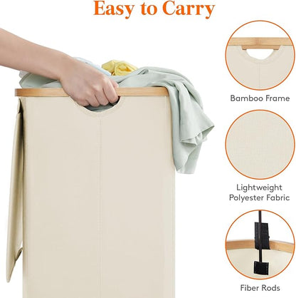Lifewit 80L Laundry Basket with Lid, Clothes Hampers with Bamboo Handles and A Removable Laundry Bag, Large Foldable Hamper for Bedroom, Bathroom, Dorm, LaundryRoom, White