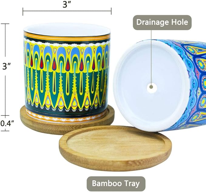 Mandala Succulent Pot with Drainage Hole & Bamboo Coaster, Small Plant Pots, Bohemian Ceramic Succulent Planter Pot for Small Plant-6 Pack