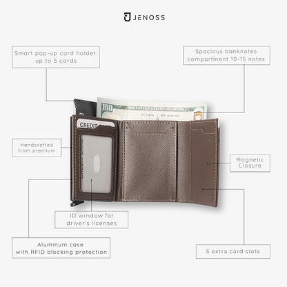 Jenoss Smart Wallet For Men: Full Grain Leather, Handcrafted, Slide Metal Pop Up Case, Slim RFID Blocking Credit Card Holder, Compact 12 Cards Slot Organizers, ID, Money Clip (Brown & Cream)