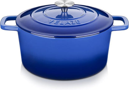 Velaze 6 QT Enameled Dutch Oven Pot with Lid, Cast Iron Dutch Oven with Dual Handles for Sourdough Bread Baking, Cooking, Non-stick Enamel Coated Cookware (Blue)
