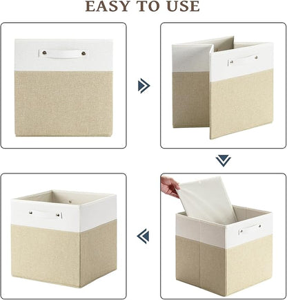 13 x 13 Inch Fine Linen Storage Bins with Handles，Fabric Cube Boxs，Collapsible Basket Organizers for Shelves for Home, Closet Drawers (White/Khaki-4 Pack)