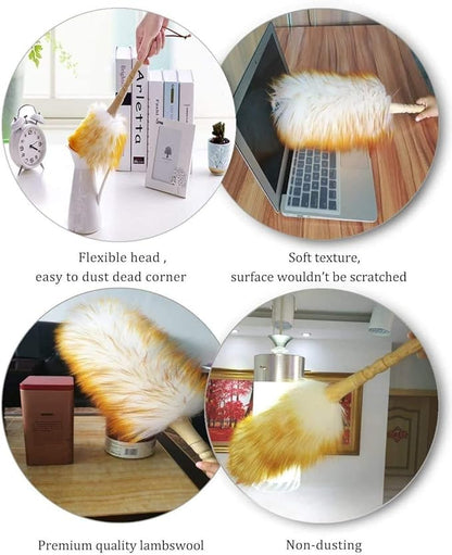 J&A Lambswool Dusters with Solid Wooden Handle, Flexible Head, Anti-Static, Comfortable Grips 17.8 inchs Long Feather Duster for Office, Home and Car etc.