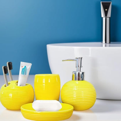 4Pcs/Set Yellow Bathroom Accessories Ceramic Vibrant Soap Dispenser with Toothbrush Holder & Soap Dish & Cup Complete Toothbrush Holder Set