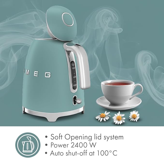 SMEG KLF03 7 Cup Electric Water Kettle, Retro-Style, Soft-Opening Lid, Auto Shut-Off, 360° Swivel Base – Jade