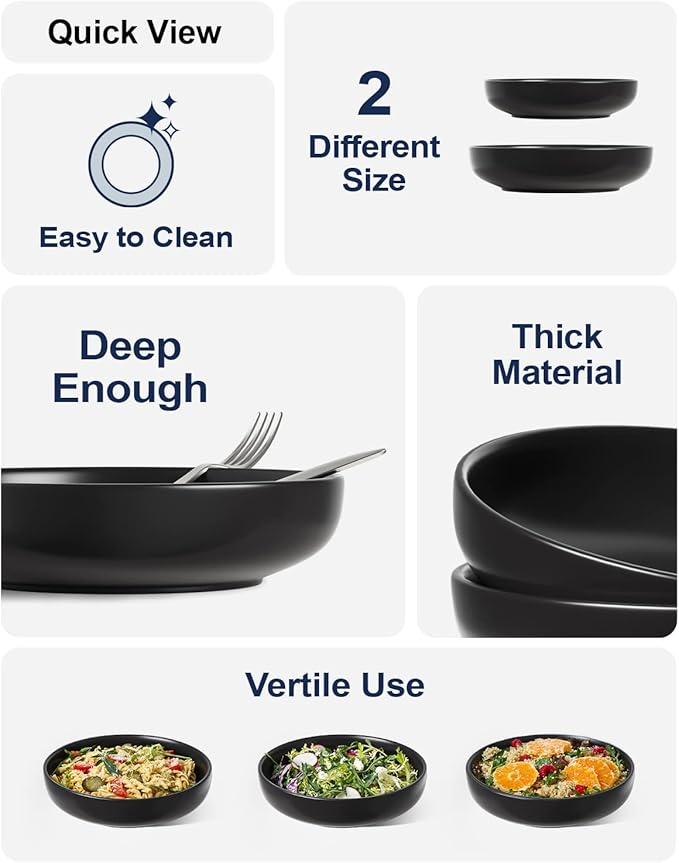 LE TAUCI Pasta Bowls 45 oz, Salad Bowls Set for Serving Soup, Pasta, Noodle, Dinner, Large Kitchen Bowl Plates, Microwave Safe - 8.5 Inch, Set of 4, Matte Black