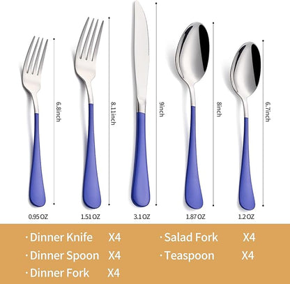 20-Piece Blue Silverware Set 18/0 Stainless Steel Silverware Set Blue Handle Cutlery Set Service for 4 Dinner Knives Forks Spoons Set Flatware Set Finish Dishwasher Safe