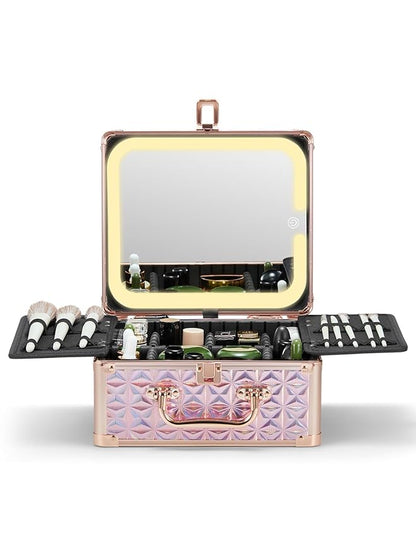 Qislee Makeup Box with A Detachable Lighted Mirror, Waterproof Travel Train Case, Cosmetic Organizer and Makeup Suitcase with Adjustable Dividers, Magnetic LED Mirror(Sparkling Pink)