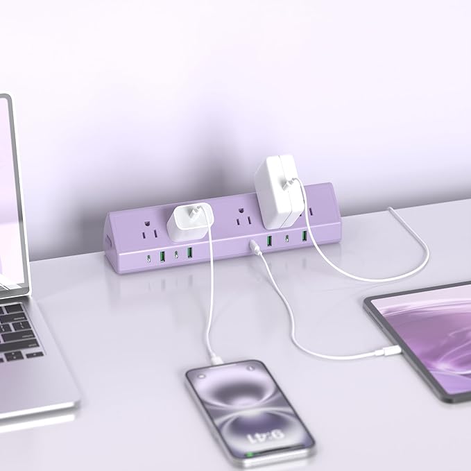 Jgstkcity Desk Clamp Power Strip, 45W Fast Charging Station,4 USB-C, 4 USB-A,1200J Surge Protector,ETL Listed,1875W Extension Cord,Multiple Outlets for Home, Office (Purple, 6 FT Cable)