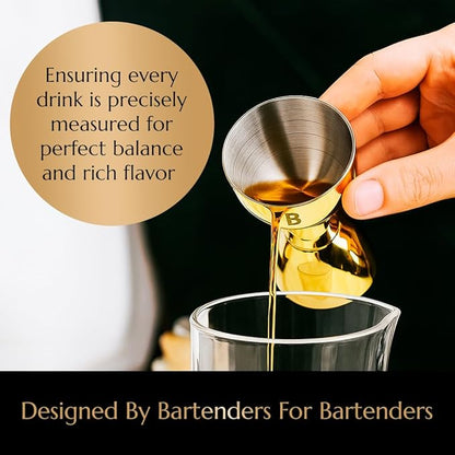 Double Bell Jigger by Bull In China - 0.25oz to 2oz Measures for Cocktails, Bars & Bartenders (Antique Brass)
