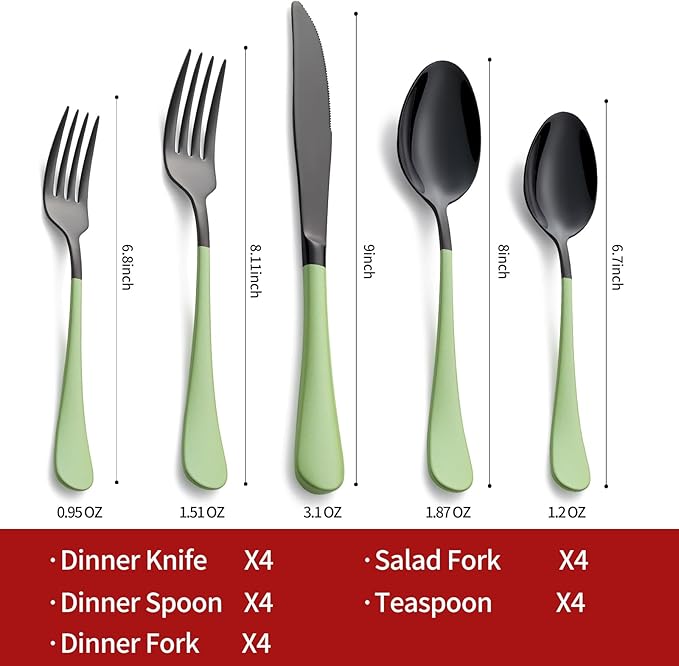 20-Pieces Green and Black Silverware Sets for 4,Green Handle Stainless Steel Cutlery Set, Include Forks Spoons and Knives Set, Dishwasher Safe Utensil Sets for Home Restaurant