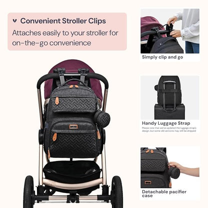 BabbleRoo Diaper Bag Backpack, Travel Backpack with Changing Pad, Pacifier Case & Stroller Straps, Multifunction, Waterproof, Unisex – Black