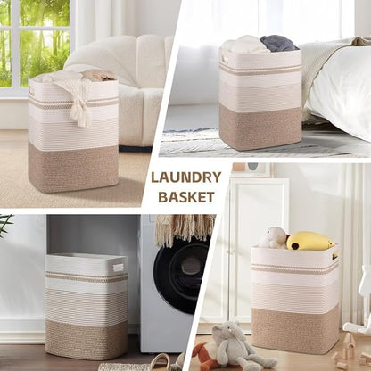 Laundry Hamper, Large Woven Rope Tall Laundry Basket with Handles, 22" X 17" X 13", Decorative Storage Basket for Clothes and Blankets in Living room, Bedroom, Brown Variegated