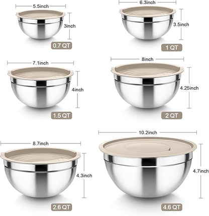 TeamFar Mixing Bowls, 6PCS Stainless Steel Nesting Mixing Salad Bowl with Lids & 3 Grater Attachments, for Food Cooking Baking Storing, Healthy, Khaki - 4.6/2.6/2 / 1.5/1 / 0.7 QT