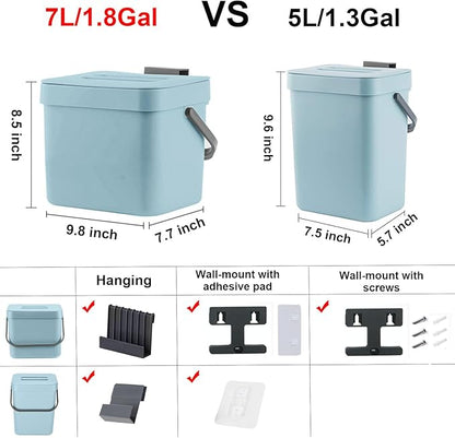LALASTAR Kitchen Compost Bin, Hanging Trash Can with Lid for Kitchen Cabinet Door, Under Sink, Wall Mounted Waste Bin for Bathroom, 1.8 Gallon, Blue