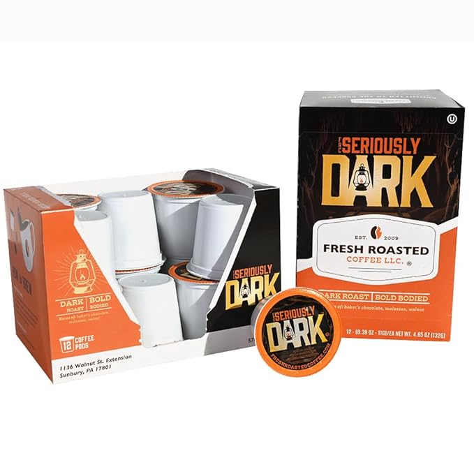 Fresh Roasted Coffee, Seriously Dark, Artisan Blend, Dark Roast, 24 Pods for K Cup Brewers