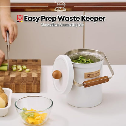 Kitchen Countertop Compost Bin 101ounces / 3Liters, Airtight Lid SUS304 Stainless Steel Odor-Free Food Waste Bin with Wooden Handle Stylish Design/Bathroom Trash Can (White)