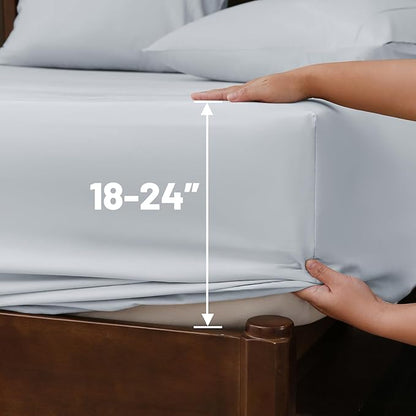 Extra Deep Pocket King Sheets 18-24 Inch 100% Egyptian Cotton 1000 Thread Count Sateen Weave Soft Breathable 4 Pieces（King，Light Blue）
