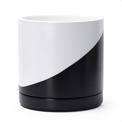 D'vine Dev 10 Inch Ceramic Planter Pot with Drainage Hole and Saucer, Indoor Cylinder Round Planter Pot, Oblique Monochrome Black and White, 94-O-E-K