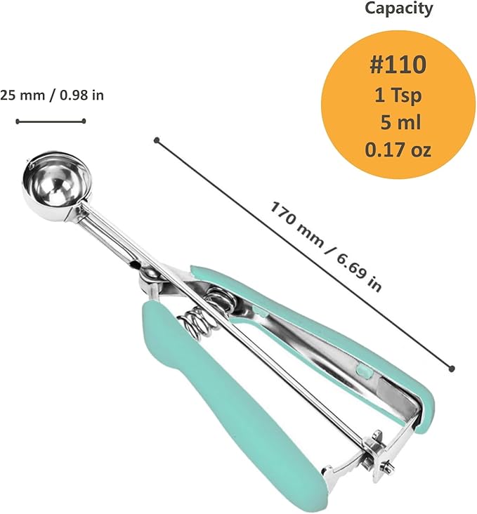 Extra Mini Cookie Scoop for Baking, 1 tsp / 5 ml Cookie Scooper, 18/8 Stainless Steel Cookie Scooper for Baking, Cookie Dough Scoop with Non-slip Grip (Mint)