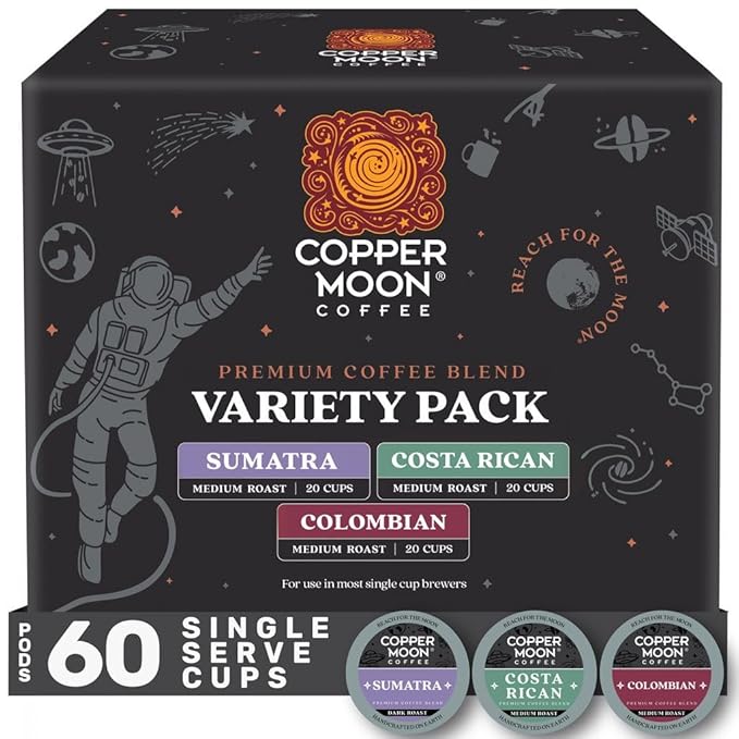 Copper Moon Single Serve Coffee Pods For Keurig K-Cup Brewers, Variety Pack (Colombian, Costa Rican, Sumatra), 60 Count