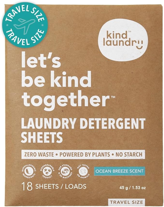 Kind Laundry Detergent Sheets with Stain-Fighting Enzymes - Plant Powered Eco-Friendly Laundry Soap Sheets - Home or Travel Laundry Detergent - Ocean Breeze, 18 Loads (Mom's Choice Award Winner)