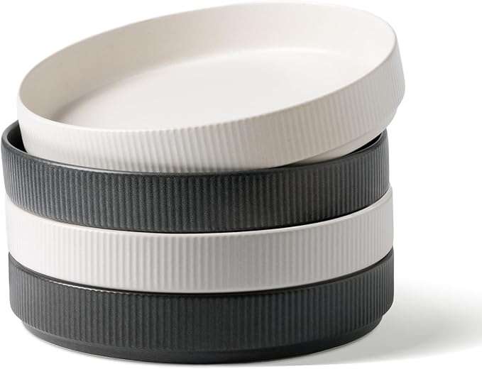 famiware Star 8.25" Pasta Bowls, Large Dinner Bowls Set of 4, Salad Bowl Plates, Shallow Bowls for Eating, Dark Charcoal & White Full Glaze Matte