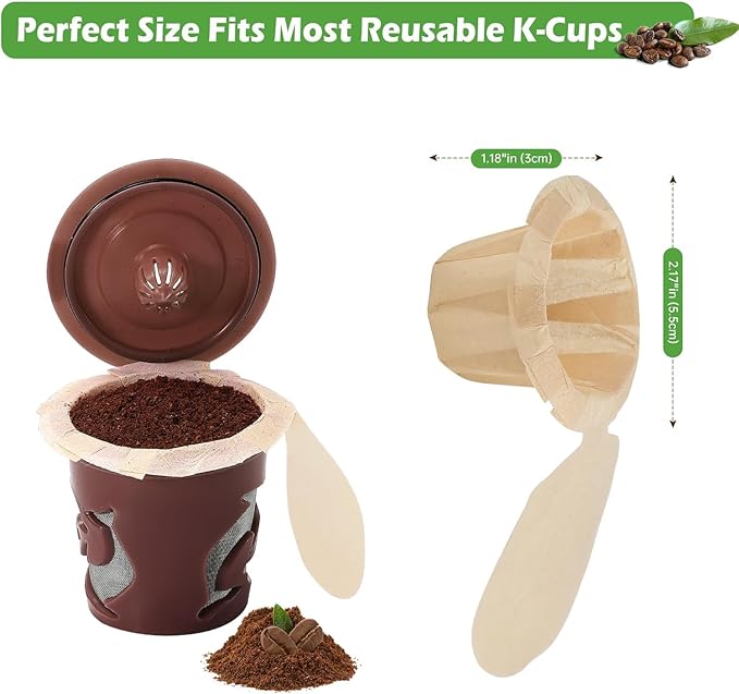 Aussen Disposable Coffee Paper Filters Replacement Kerig Filter Fit All Keurig Single Serve Filter Brands Compatible with Reusable Single Serve Pods Keurig Coffee Maker (Natural with Lid, 300pcs)