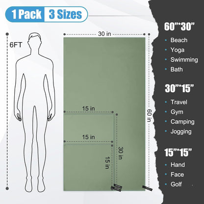 Quick Dry Travel Towel, 3 Sizes 1 Pack Camping Microfiber Towel, Lightweight Fast Drying Towels Set 60"x30", 30"x15", 15"x15" w/Bag for Gym, Beach, Hiking, Swimming, Army Green
